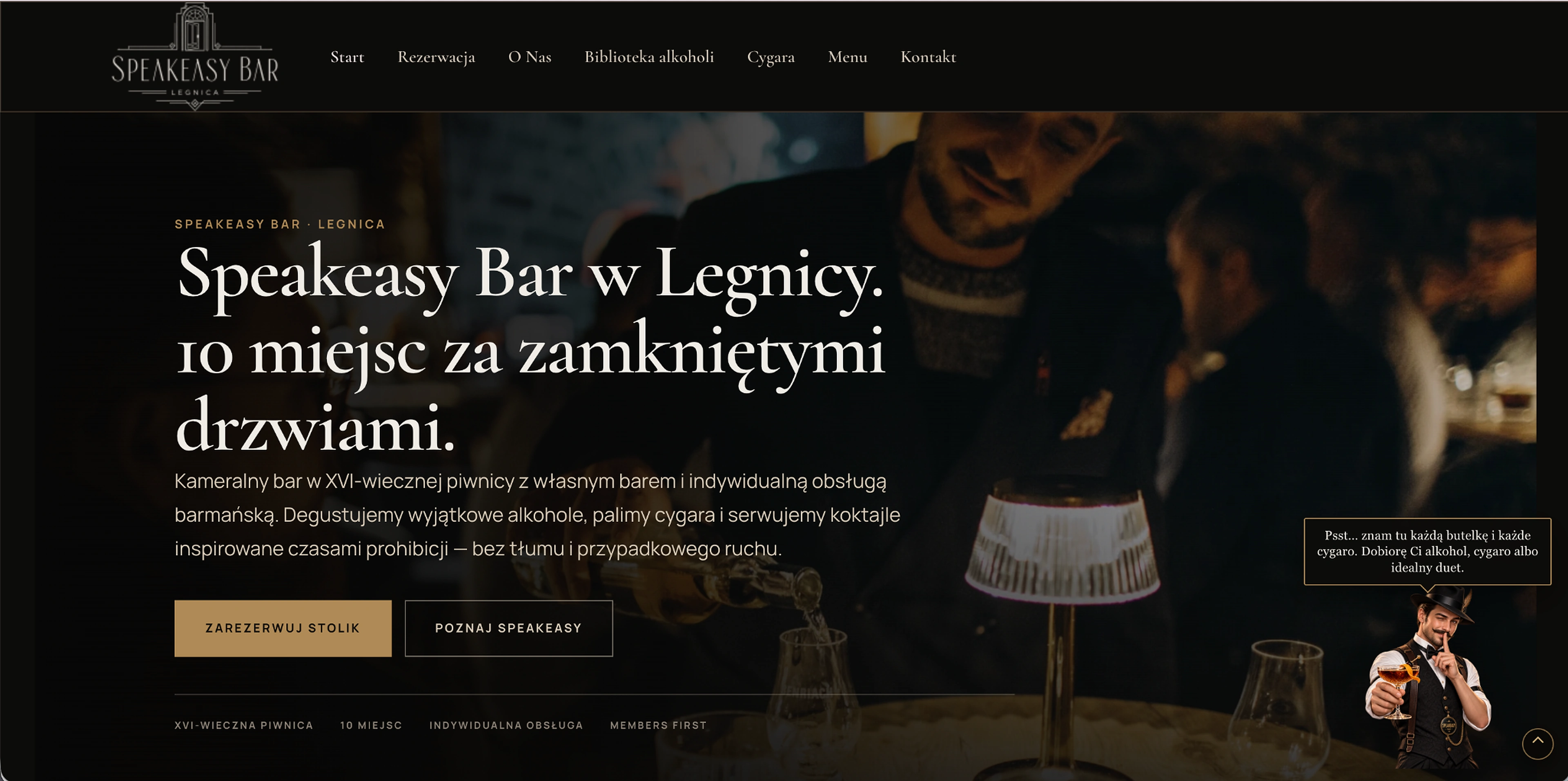 Speakeasy Bar — strona kameralnego baru z księgą alkoholi